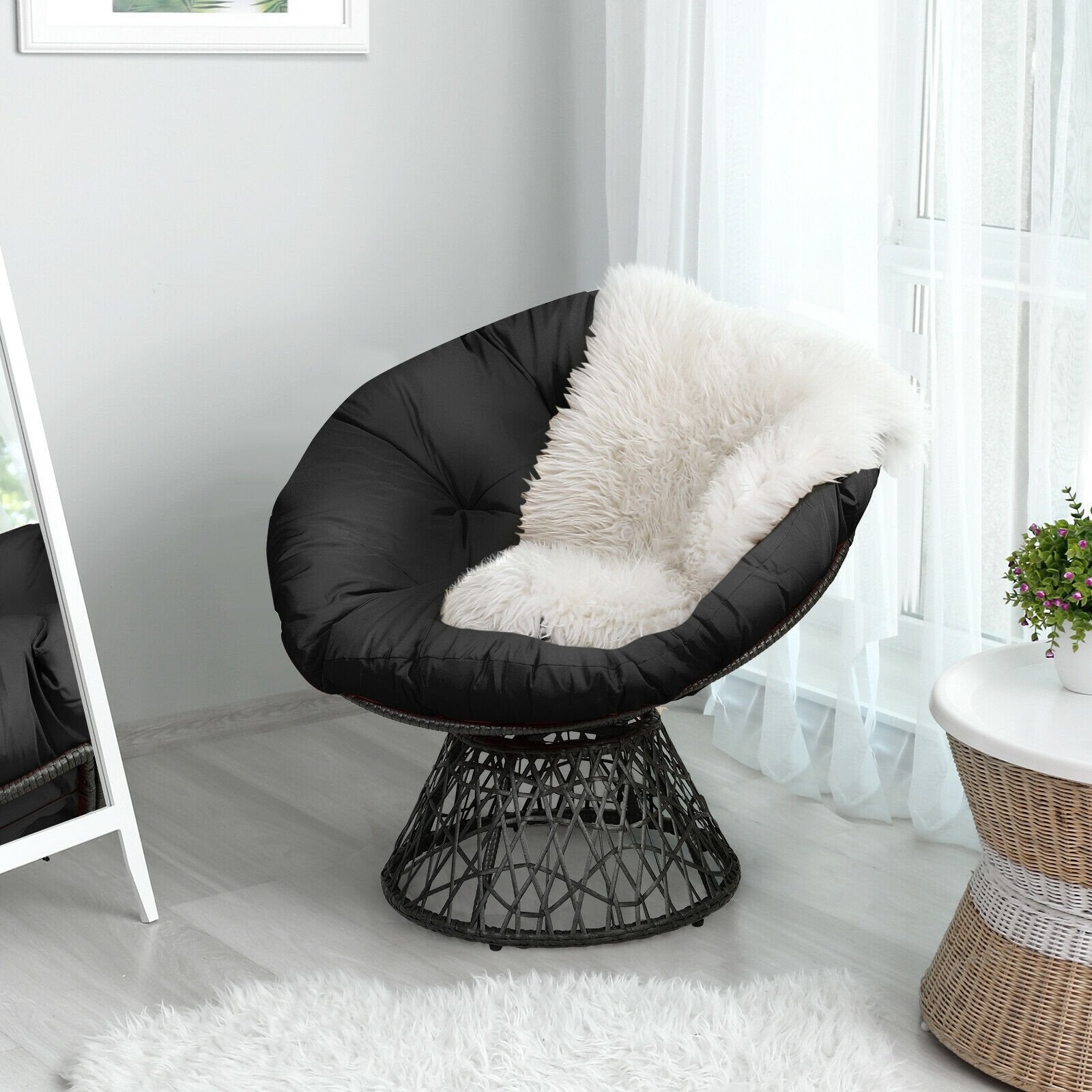 Rattan Papasan Chair Ergonomic 360-degree Swivel Soft Cushion Garden, Black Patio Dining Chairs   at Gallery Canada