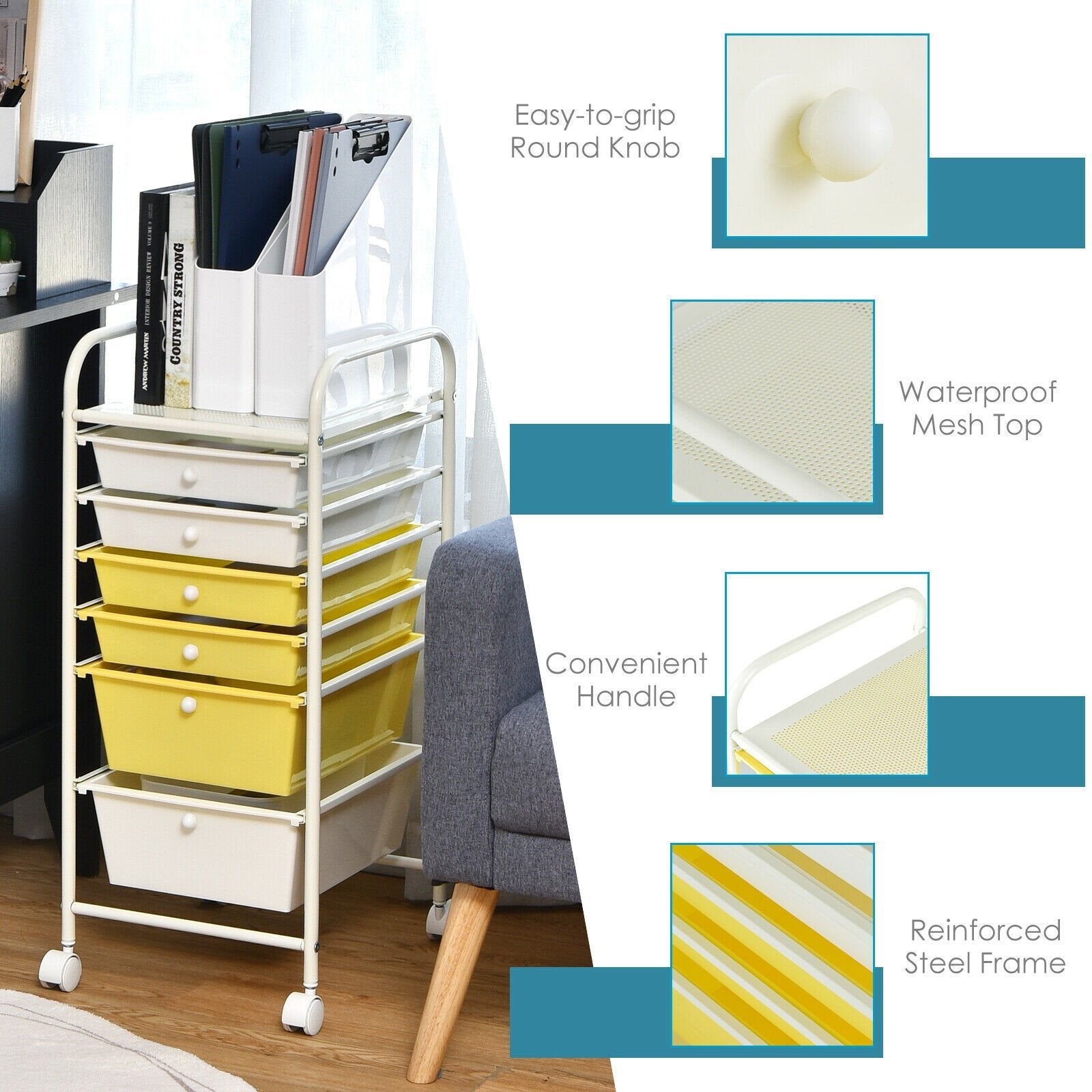 6 Drawers Rolling Storage Cart Organizer, Yellow File Cabinets   at Gallery Canada