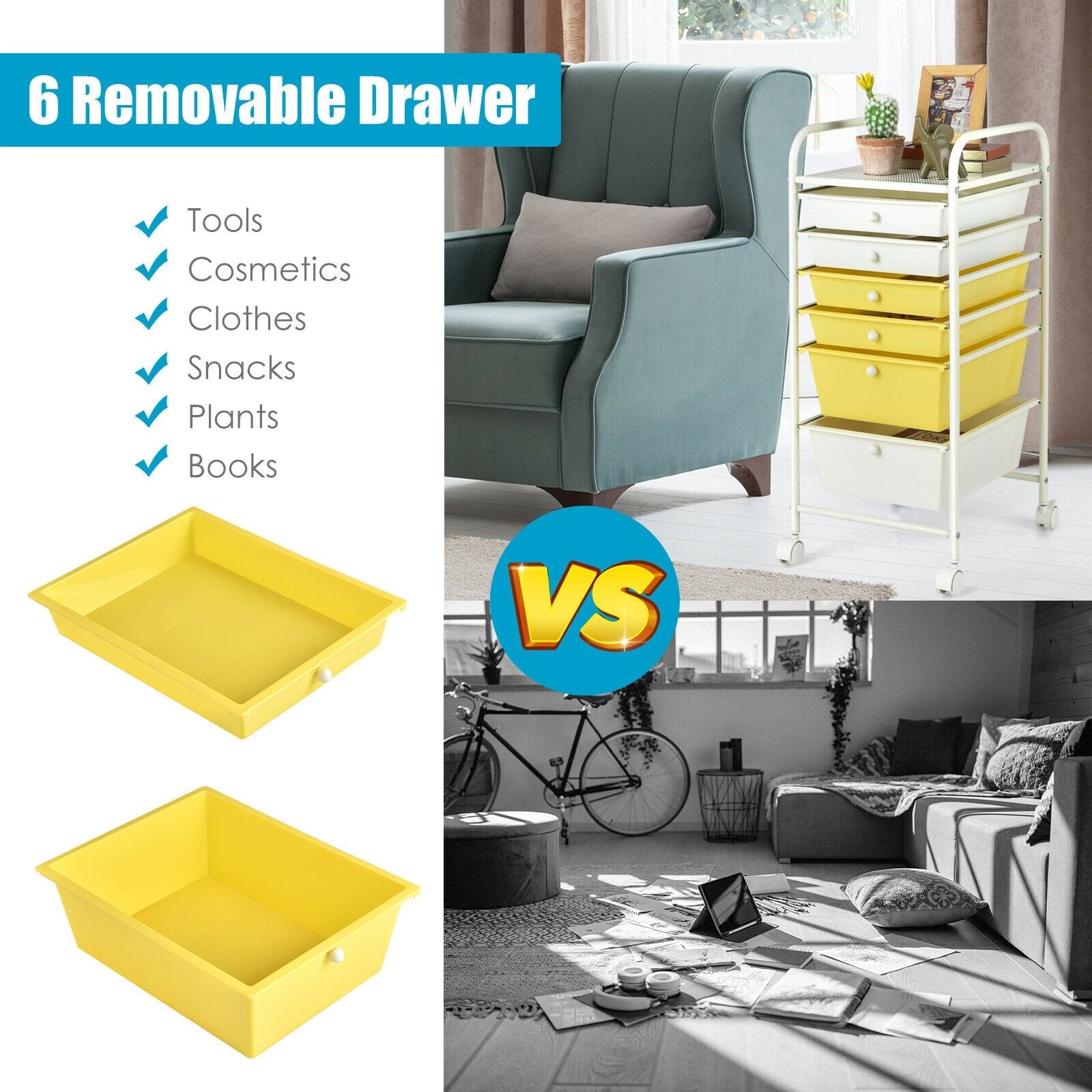 6 Drawers Rolling Storage Cart Organizer, Yellow File Cabinets   at Gallery Canada