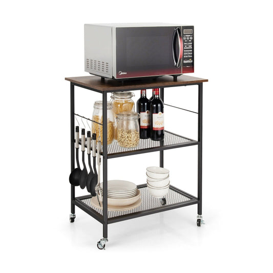 3-Tier Kitchen Serving Cart Utility Standing Microwave Rack with Hooks Brown, Brown Baker's Racks   at Gallery Canada