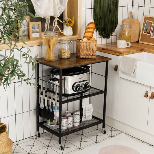 3-Tier Kitchen Serving Cart Utility Standing Microwave Rack with Hooks Brown, Brown Baker's Racks   at Gallery Canada