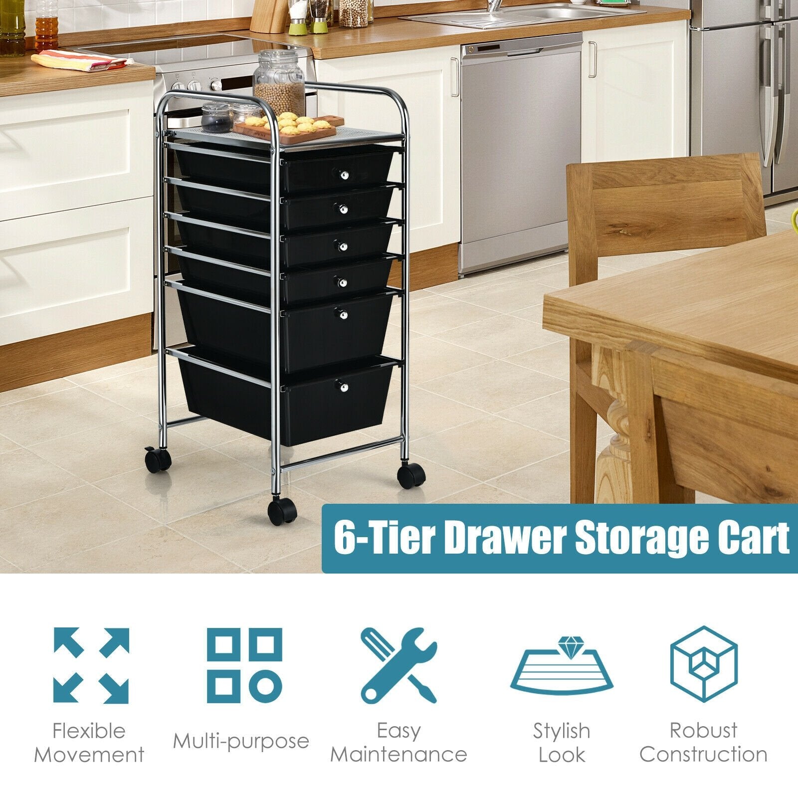 6 Drawers Rolling Storage Cart Organizer, Black File Cabinets   at Gallery Canada