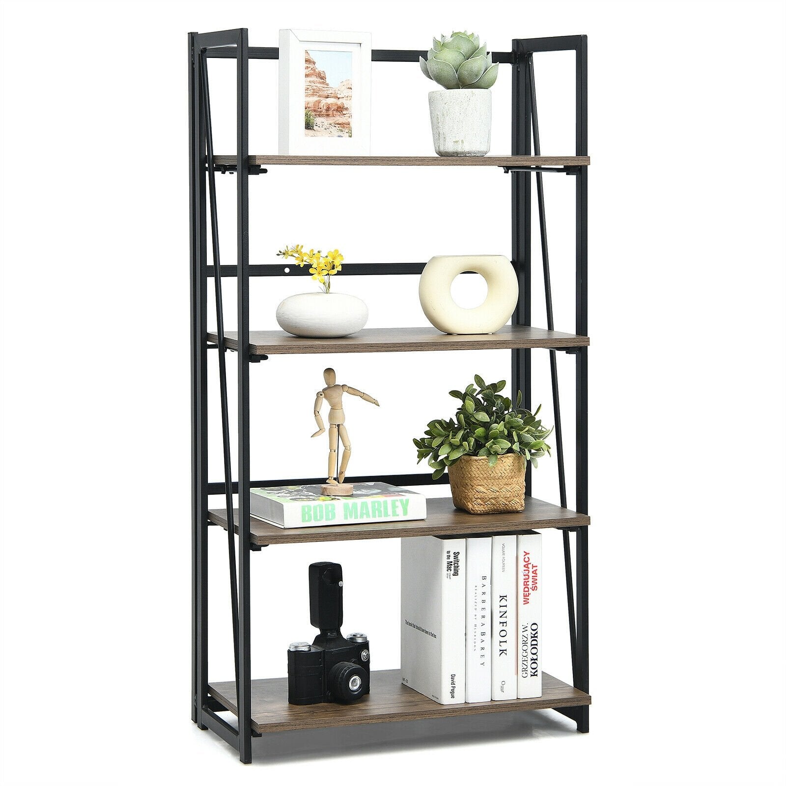 4-Tier Folding Bookshelf No-Assembly Industrial Bookcase Display Shelves Bookcases   at Gallery Canada