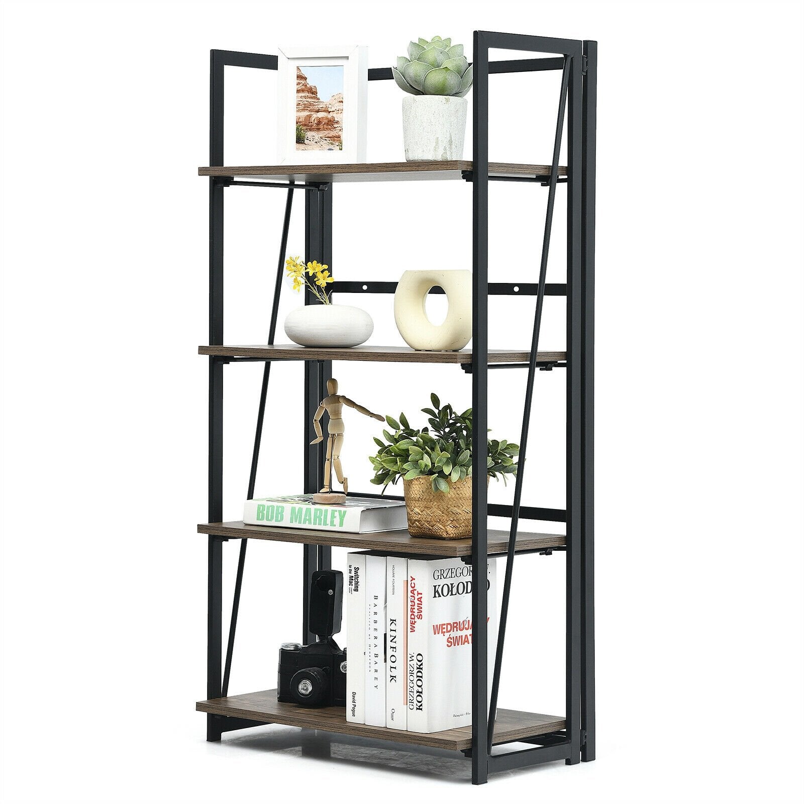 4-Tier Folding Bookshelf No-Assembly Industrial Bookcase Display Shelves Bookcases   at Gallery Canada