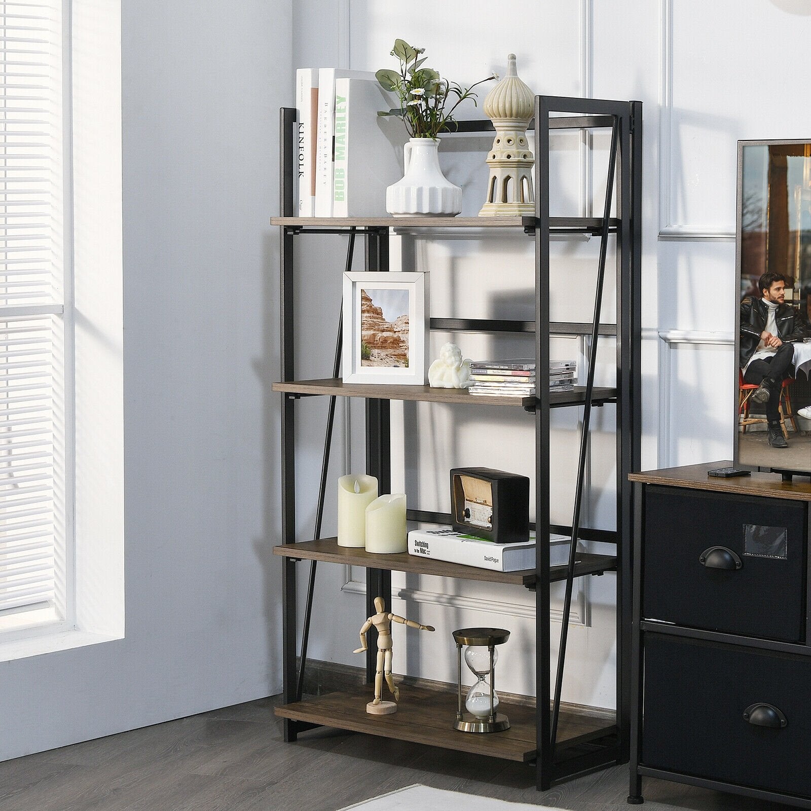 4-Tier Folding Bookshelf No-Assembly Industrial Bookcase Display Shelves Bookcases   at Gallery Canada