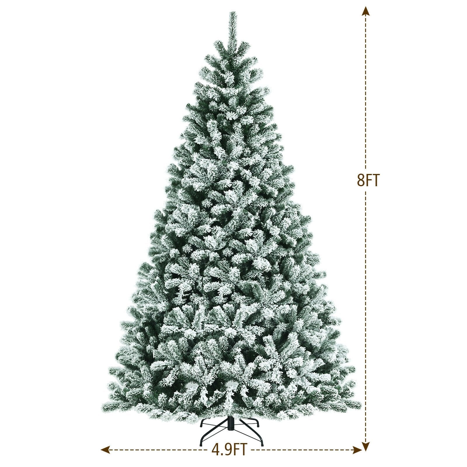 8 Feet Pre-lit Snow Flocked Christmas Tree with Tips and Metal Stand-8 ft, Green Christmas Tree   at Gallery Canada