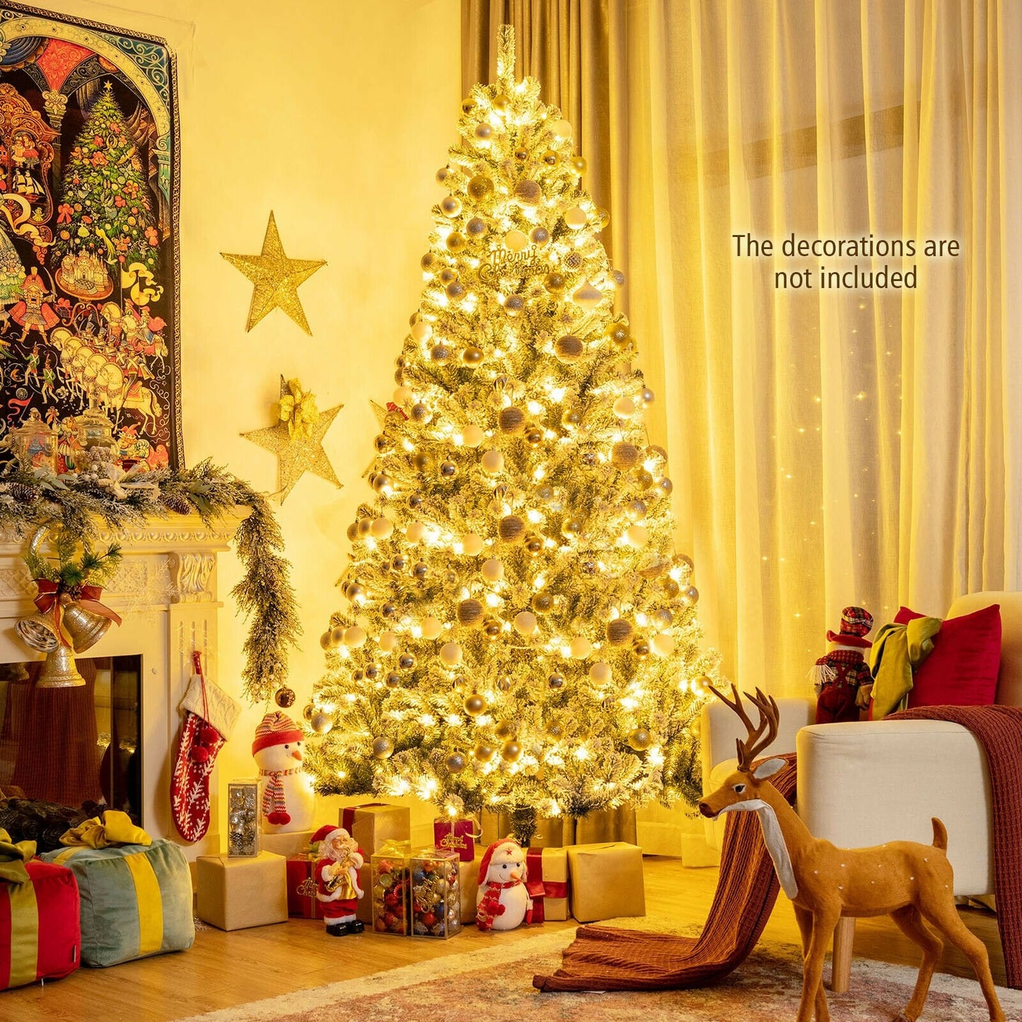 8 Feet Pre-lit Snow Flocked Christmas Tree with Tips and Metal Stand-8 ft, Green Christmas Tree   at Gallery Canada