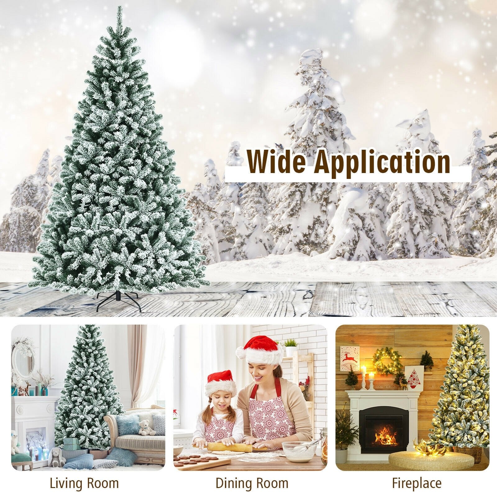 8 Feet Pre-lit Snow Flocked Christmas Tree with Tips and Metal Stand-8 ft, Green - Gallery Canada