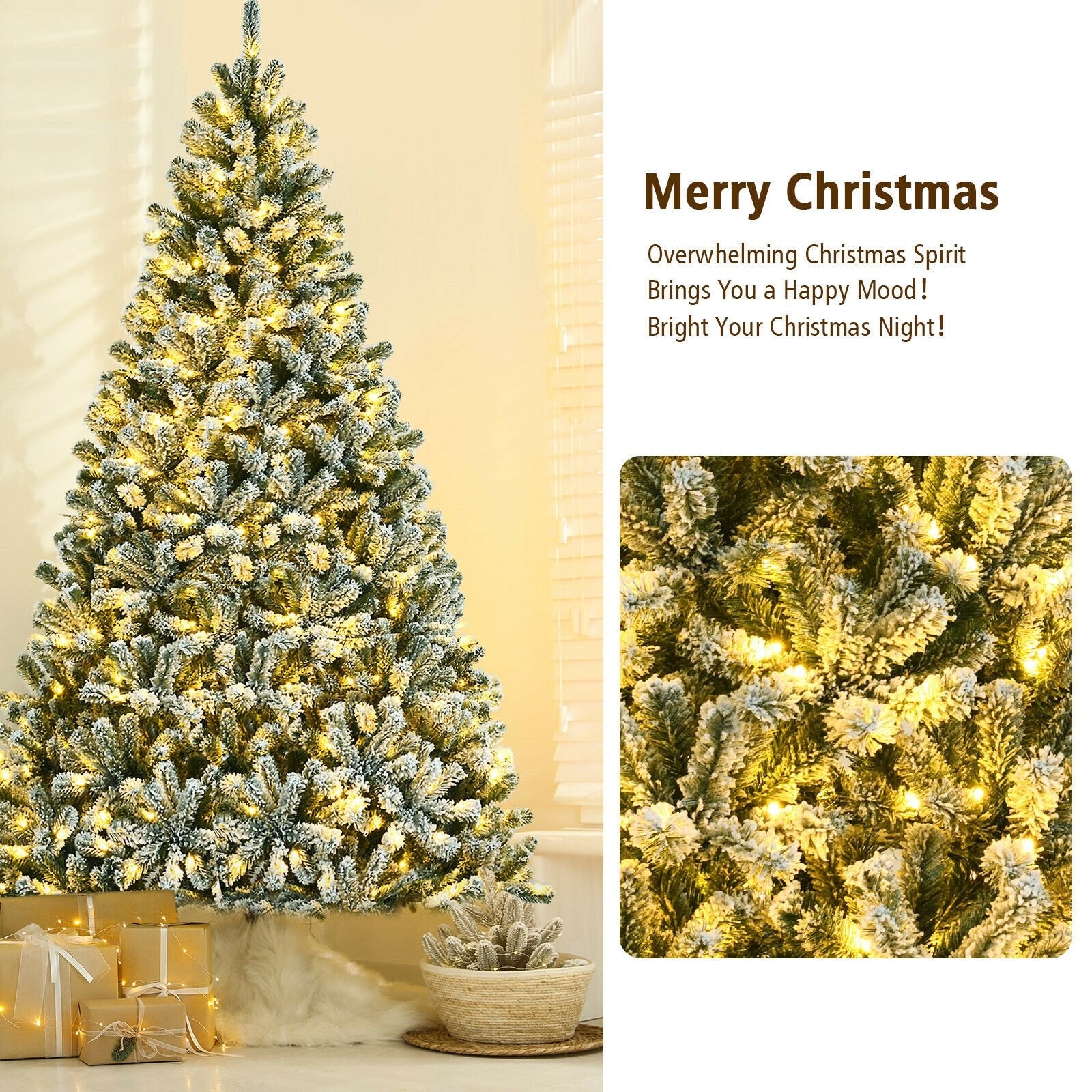 8 Feet Pre-lit Snow Flocked Christmas Tree with Tips and Metal Stand-8 ft, Green Christmas Tree   at Gallery Canada