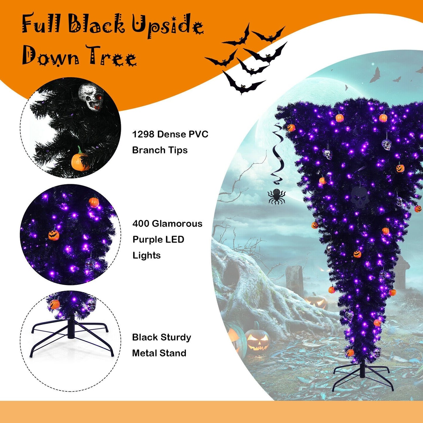 Upside Down 7 Feet Halloween Tree with 400 Purple LED Lights, Black - Gallery Canada