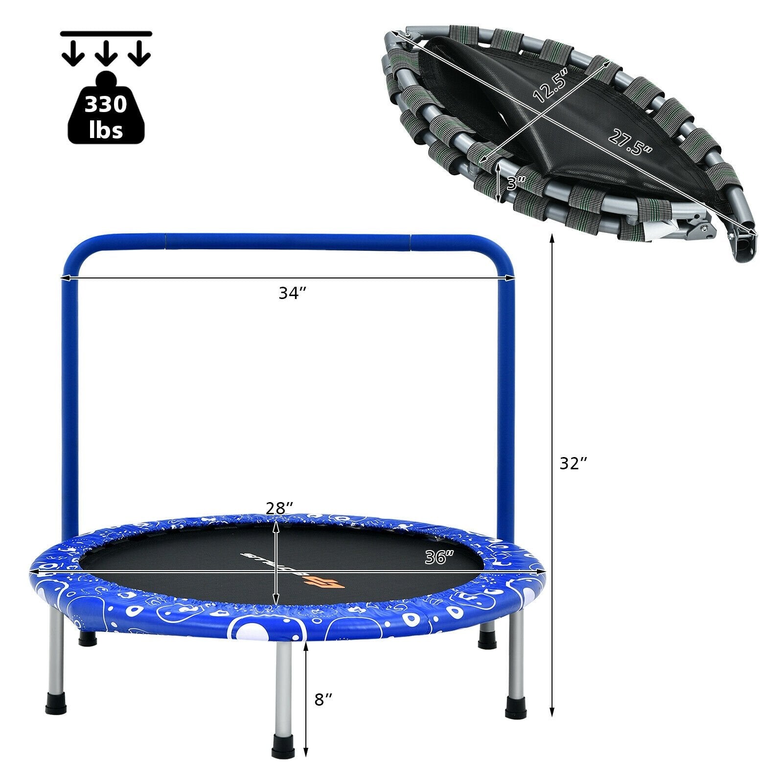 36 Inch Kids Trampoline Mini Rebounder with Full Covered Handrail , Blue Trampolines   at Gallery Canada