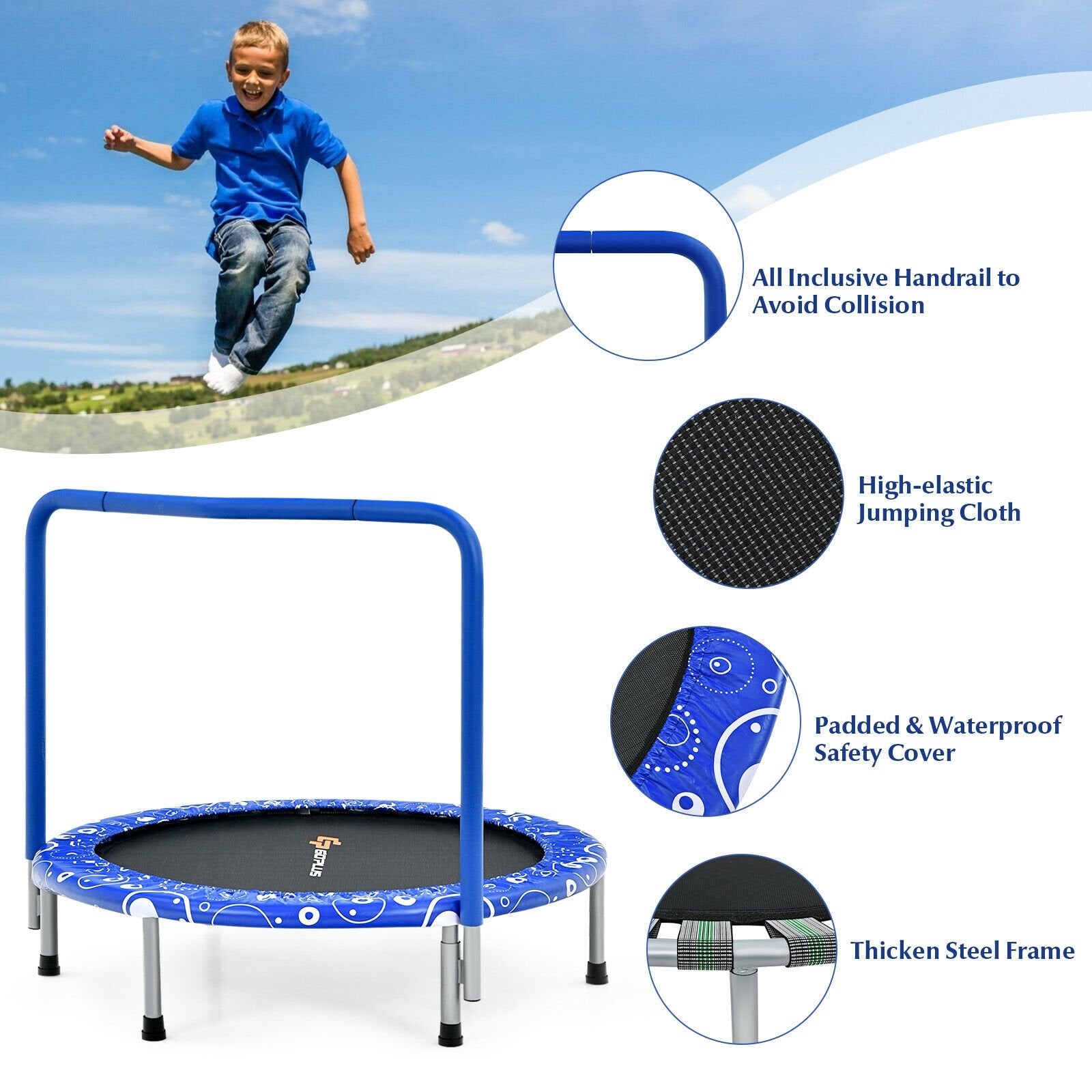 36 Inch Kids Trampoline Mini Rebounder with Full Covered Handrail , Blue Trampolines   at Gallery Canada