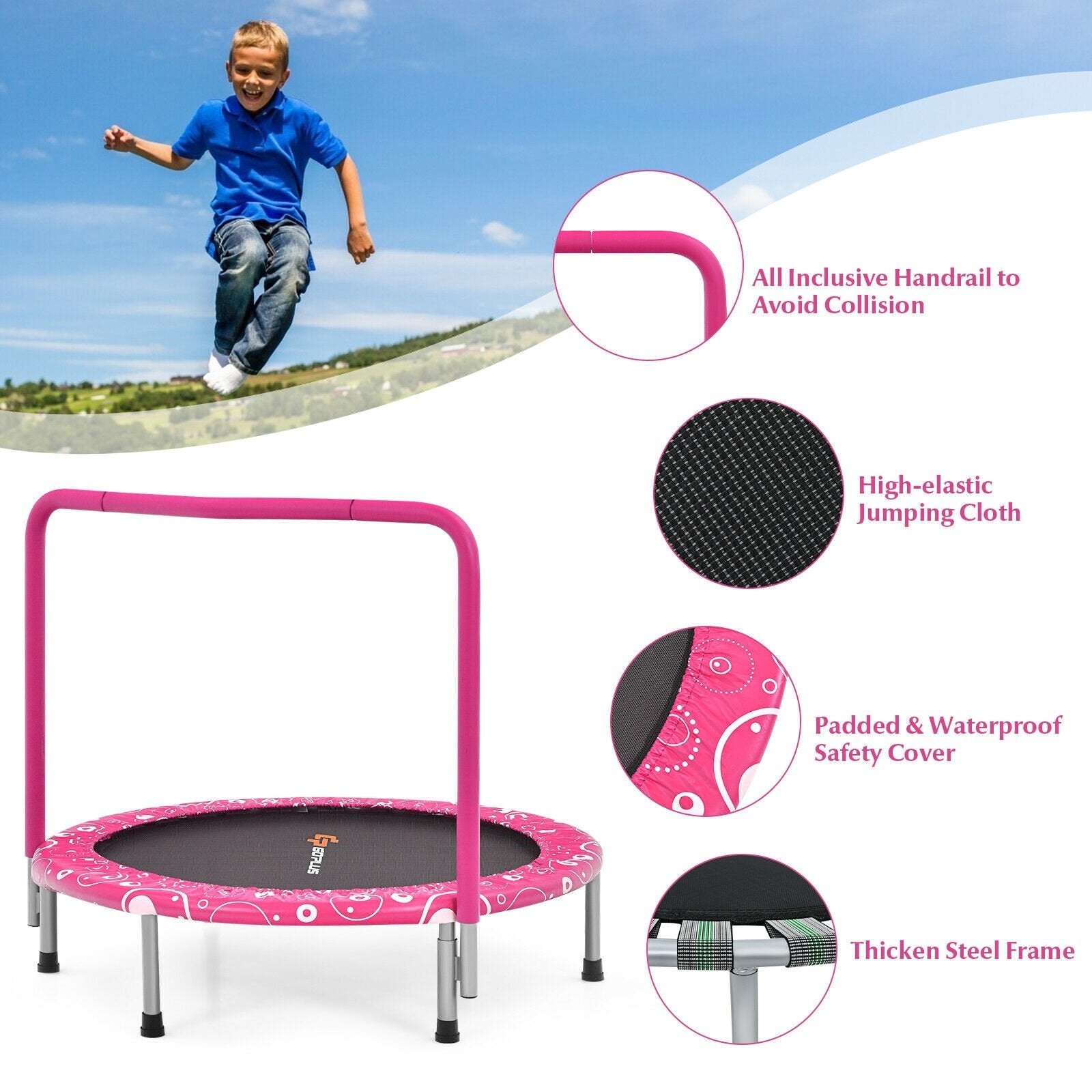 36 Inch Kids Trampoline Mini Rebounder with Full Covered Handrail , Pink Trampolines   at Gallery Canada