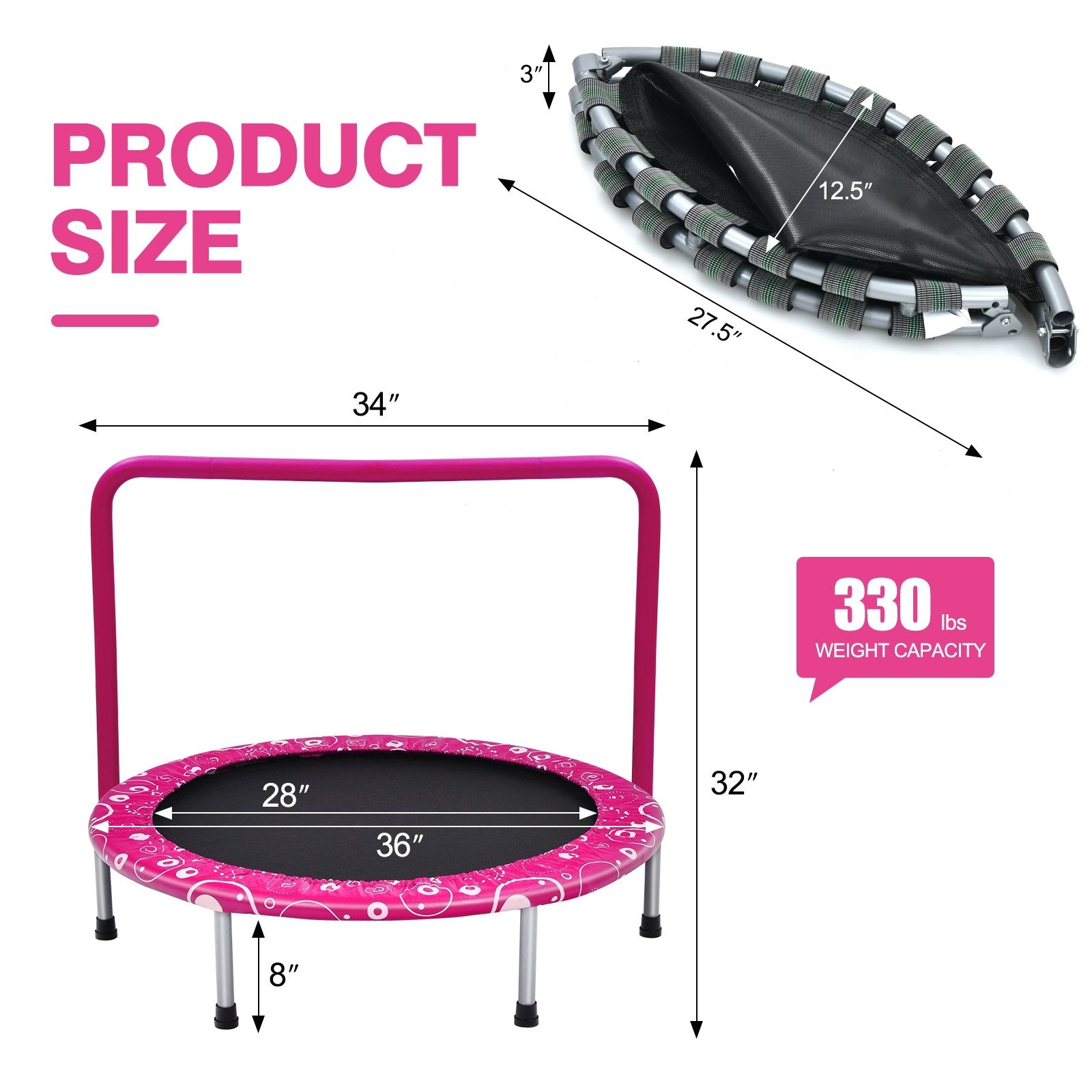 36 Inch Kids Trampoline Mini Rebounder with Full Covered Handrail , Pink Trampolines   at Gallery Canada