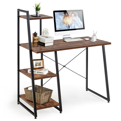 Compact Computer Desk Workstation with 4 Tier Shelves for Home and Office, Brown
