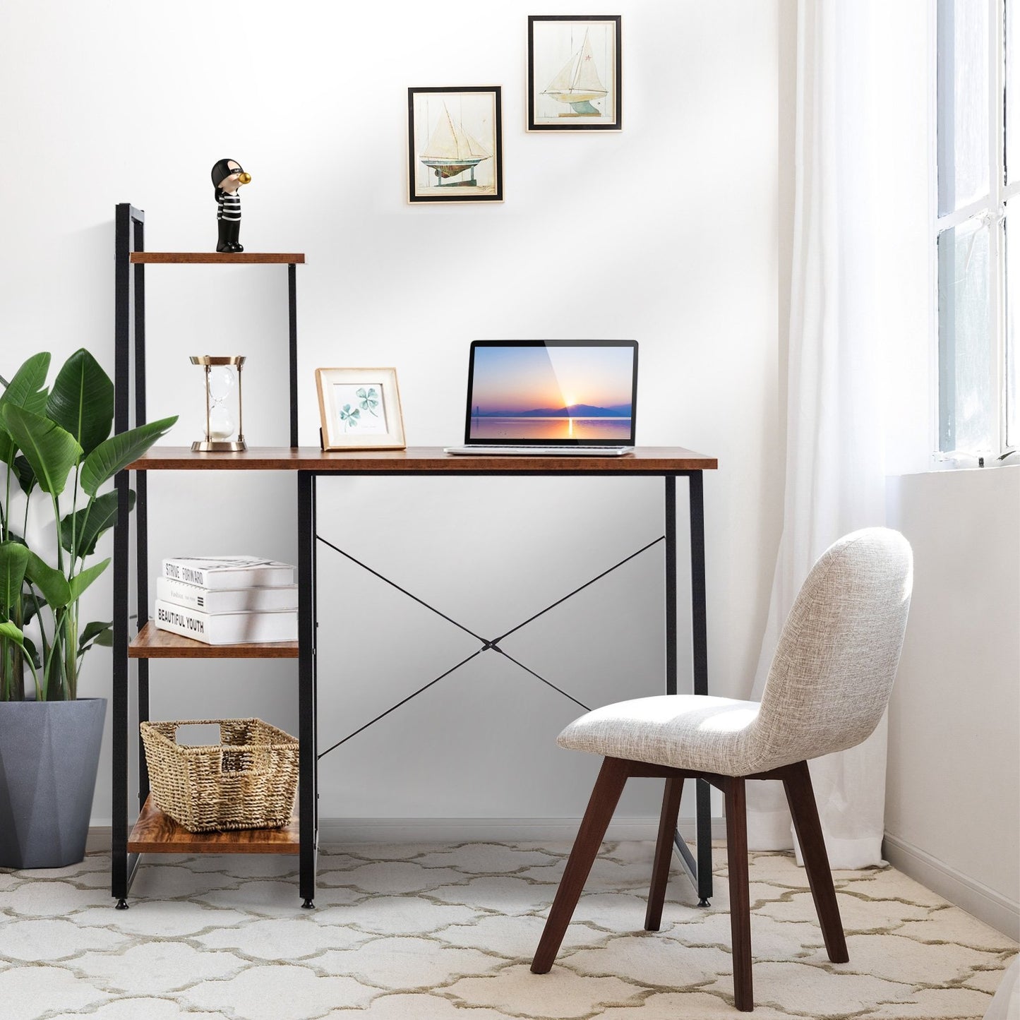 Compact Computer Desk Workstation with 4 Tier Shelves for Home and Office, Brown - Gallery Canada