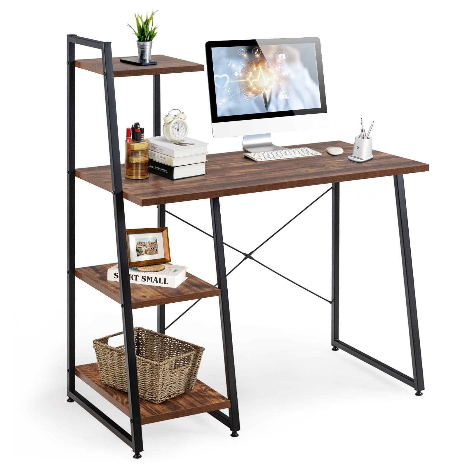 Compact Computer Desk Workstation with 4 Tier Shelves for Home and Office, Brown Writing Desks   at Gallery Canada