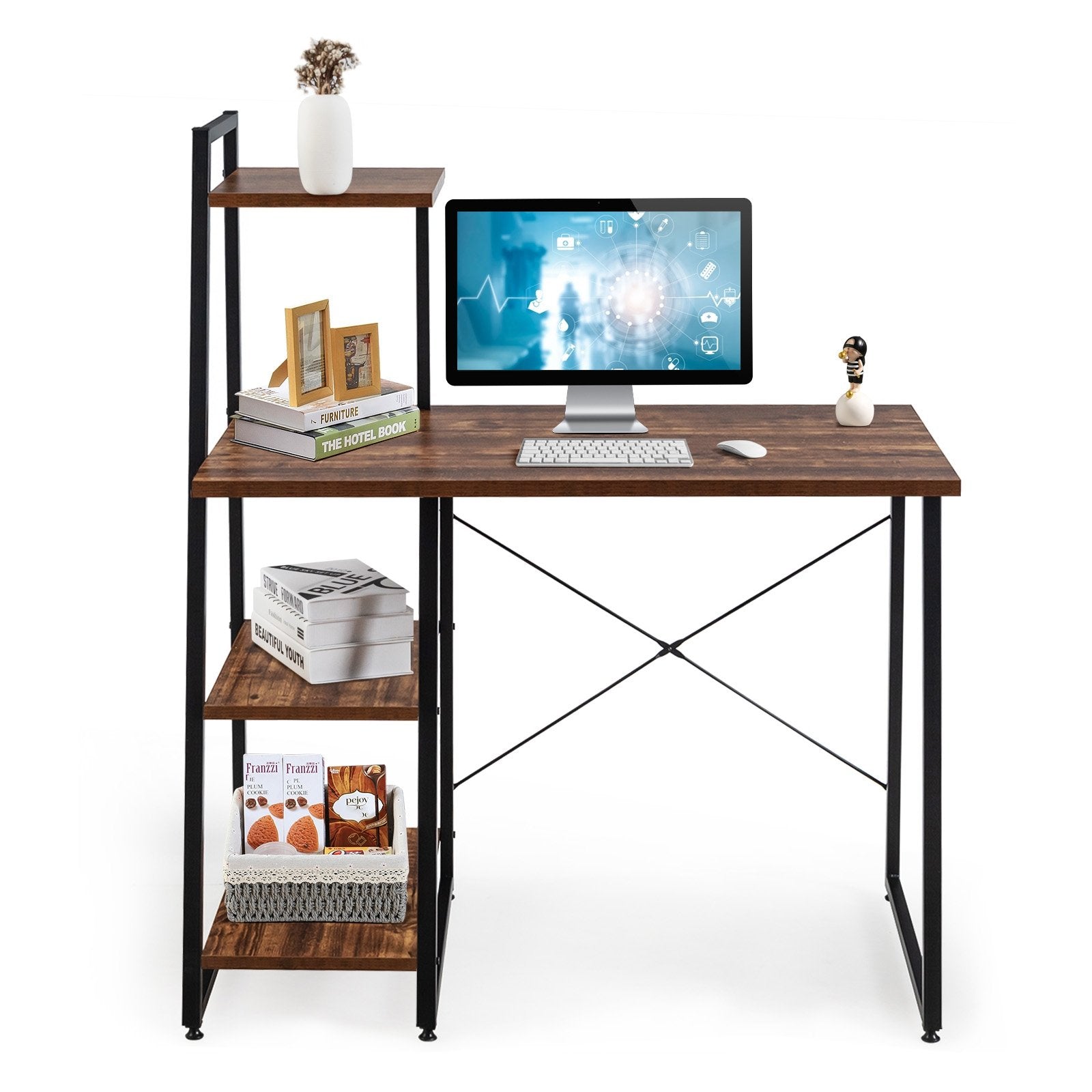 Compact Computer Desk Workstation with 4 Tier Shelves for Home and Office, Brown - Gallery Canada