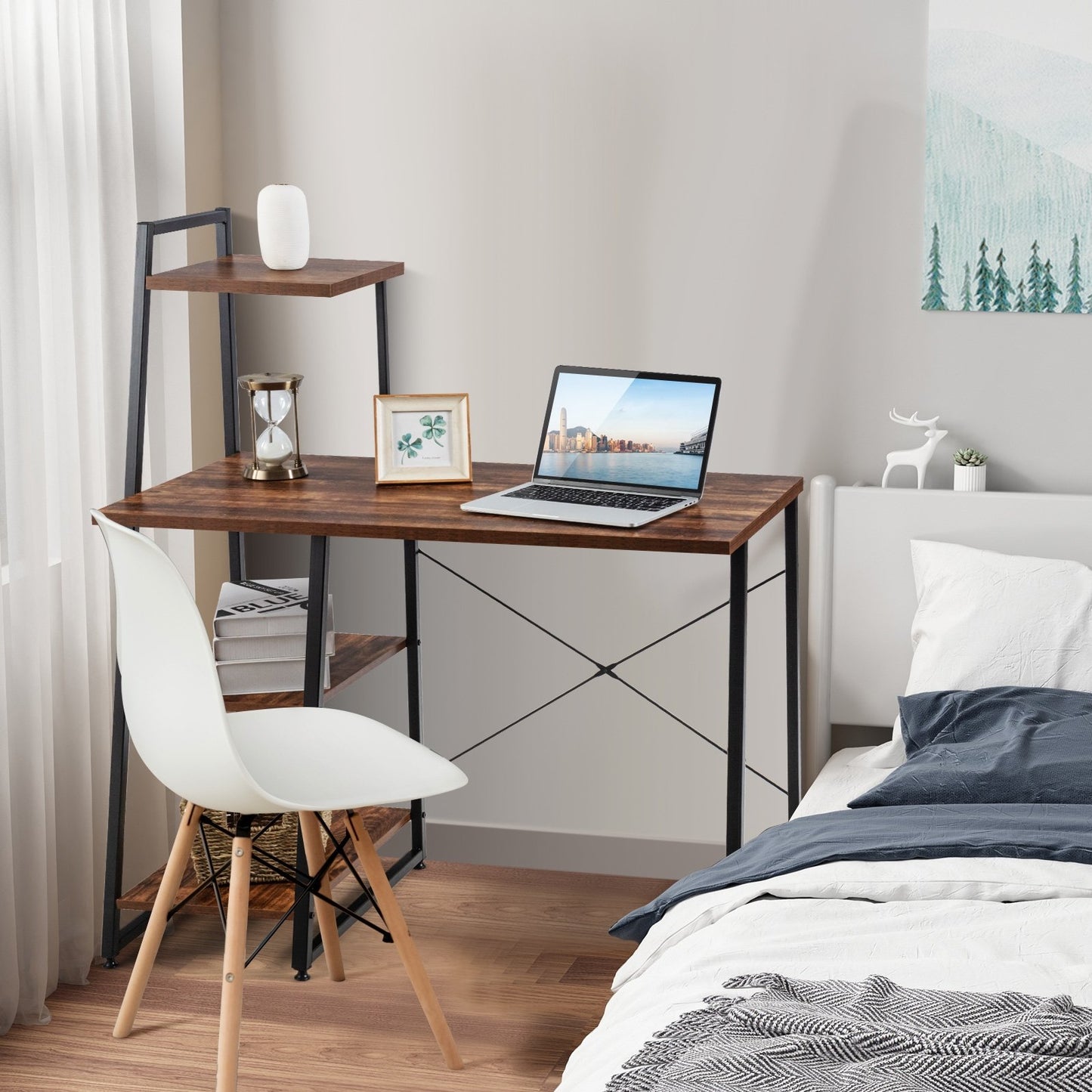 Compact Computer Desk Workstation with 4 Tier Shelves for Home and Office, Brown - Gallery Canada