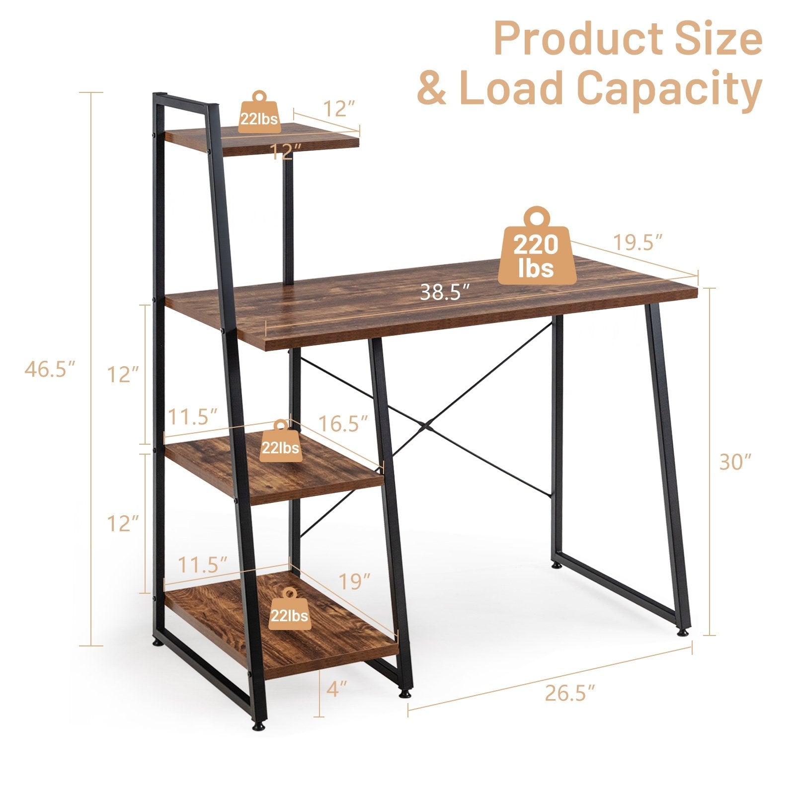 Compact Computer Desk Workstation with 4 Tier Shelves for Home and Office, Brown Writing Desks   at Gallery Canada