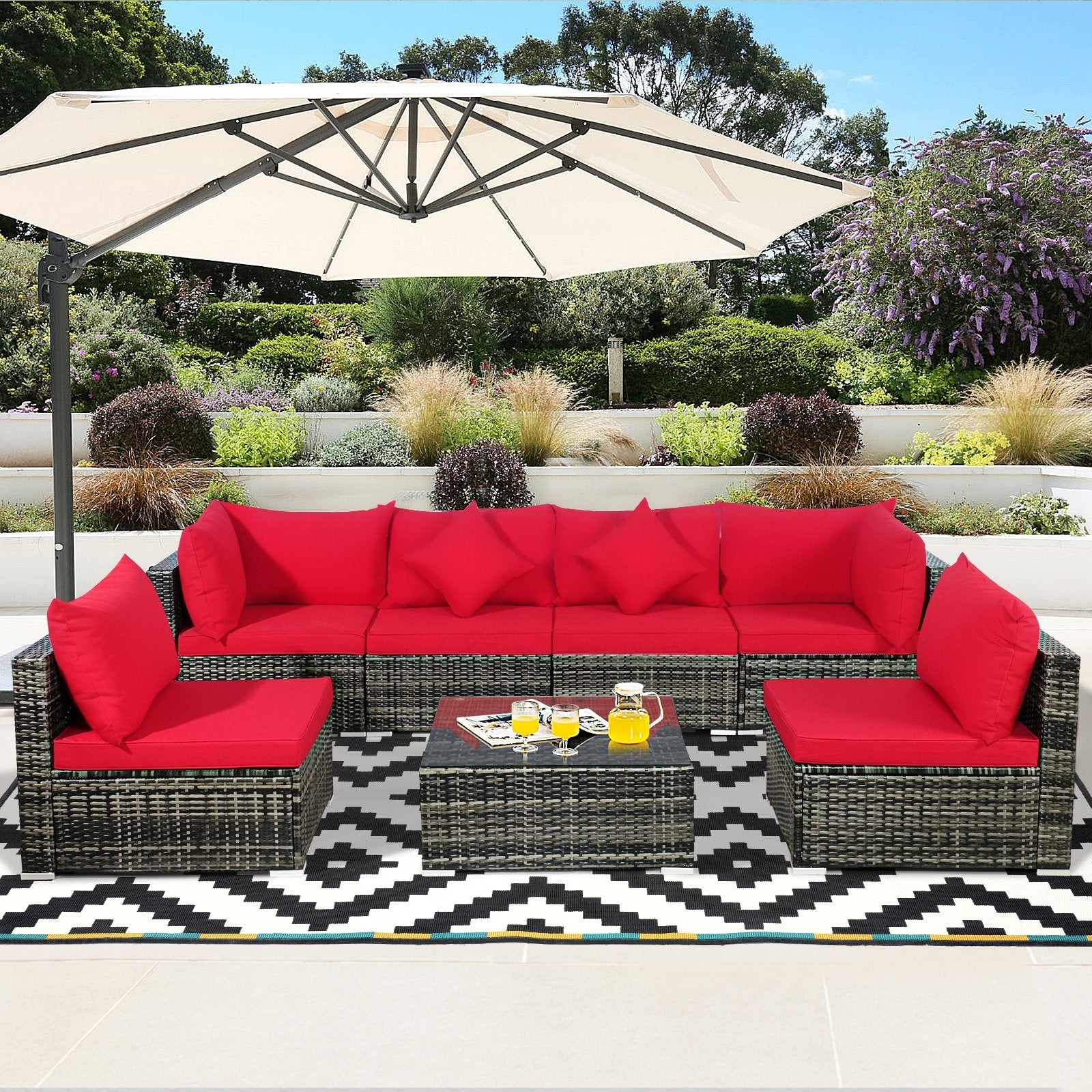 7 Pieces Patio Rattan Furniture Set Sectional Sofa Garden Cushion, Red Outdoor Sectionals   at Gallery Canada