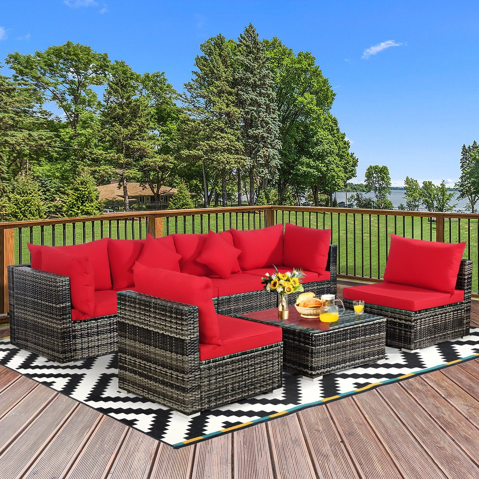 7 Pieces Patio Rattan Furniture Set Sectional Sofa Garden Cushion, Red Outdoor Sectionals   at Gallery Canada