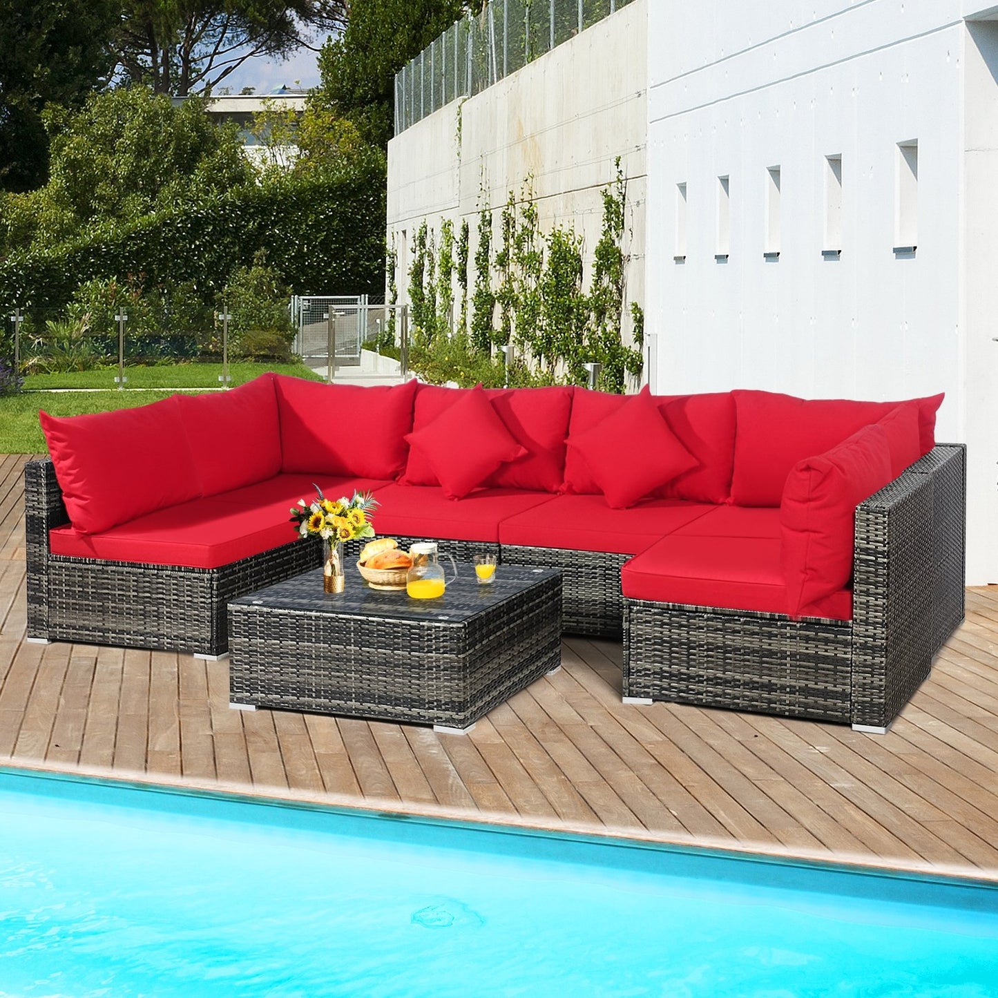 7 Pieces Patio Rattan Furniture Set Sectional Sofa Garden Cushion, Red Outdoor Sectionals   at Gallery Canada