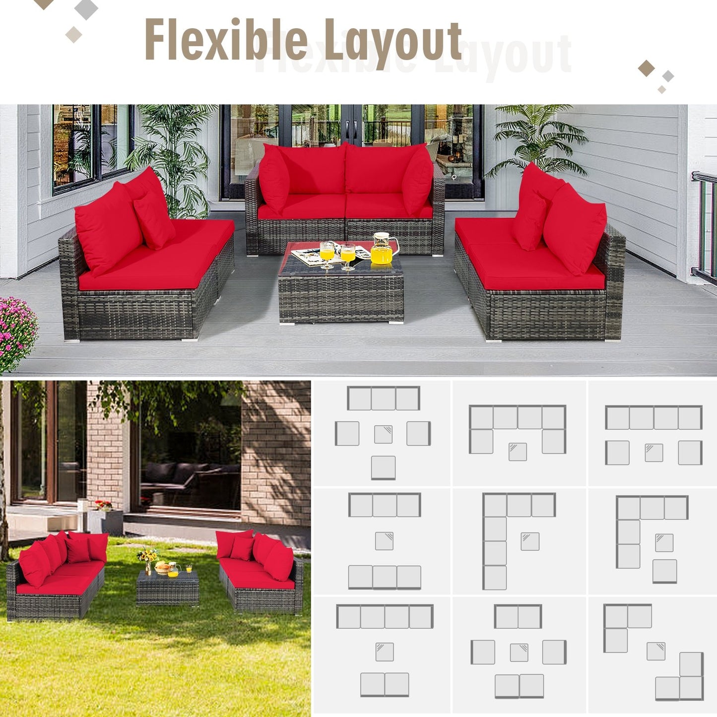 7 Pieces Patio Rattan Furniture Set Sectional Sofa Garden Cushion, Red Outdoor Sectionals   at Gallery Canada