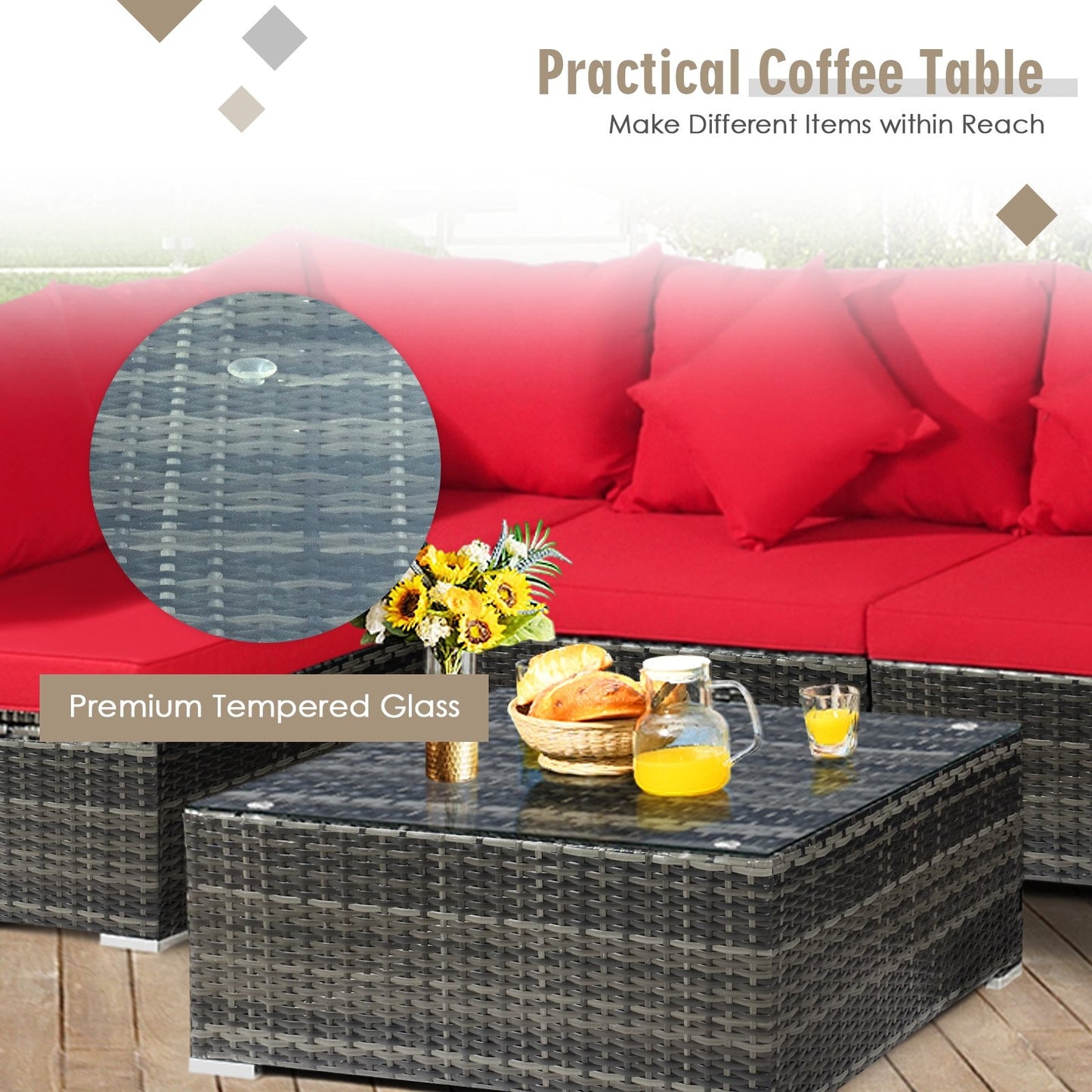 7 Pieces Patio Rattan Furniture Set Sectional Sofa Garden Cushion, Red Outdoor Sectionals   at Gallery Canada