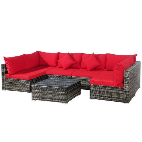 7 Pieces Patio Rattan Furniture Set Sectional Sofa Garden Cushion, Red