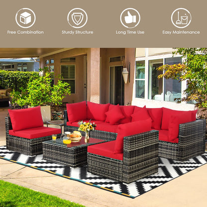 7 Pieces Patio Rattan Furniture Set Sectional Sofa Garden Cushion, Red Outdoor Sectionals   at Gallery Canada