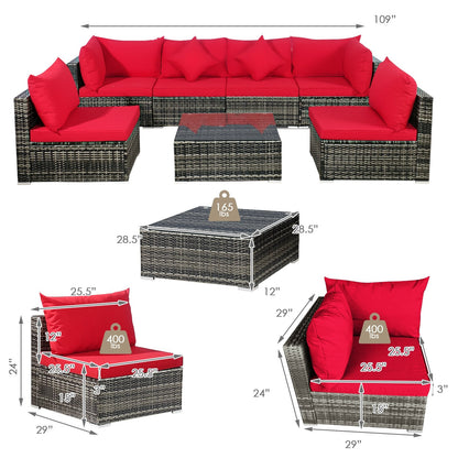 7 Pieces Patio Rattan Furniture Set Sectional Sofa Garden Cushion, Red Outdoor Sectionals   at Gallery Canada