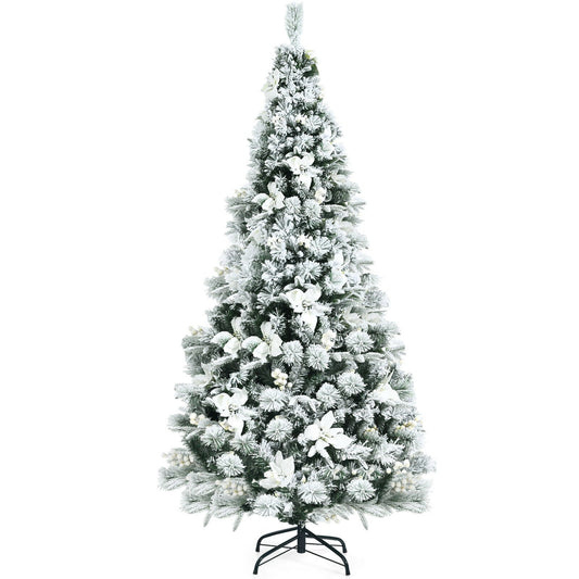 6 Feet Snow Flocked Hinged Christmas Tree with Berries and Poinsettia Flowers, White Christmas Tree   at Gallery Canada