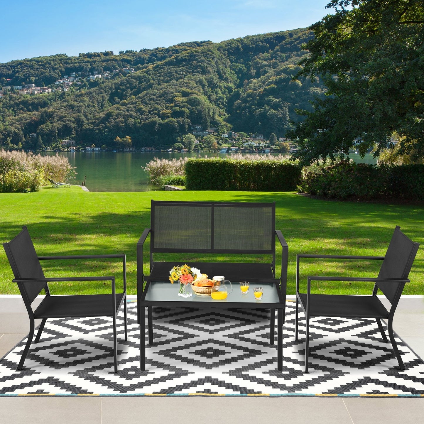 4 PCS Patio Furniture Set Sofa Coffee Table Steel Frame Garden, Gray - Gallery Canada