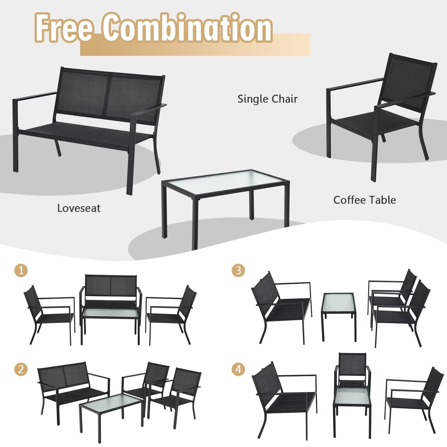 4 PCS Patio Furniture Set Sofa Coffee Table Steel Frame Garden, Gray - Gallery Canada