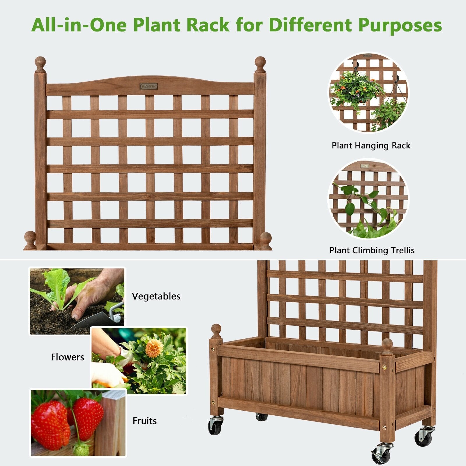 32in Wood Planter Box with Trellis Mobile Raised Bed for Climbing Plant, Brown Raised Garden Beds   at Gallery Canada