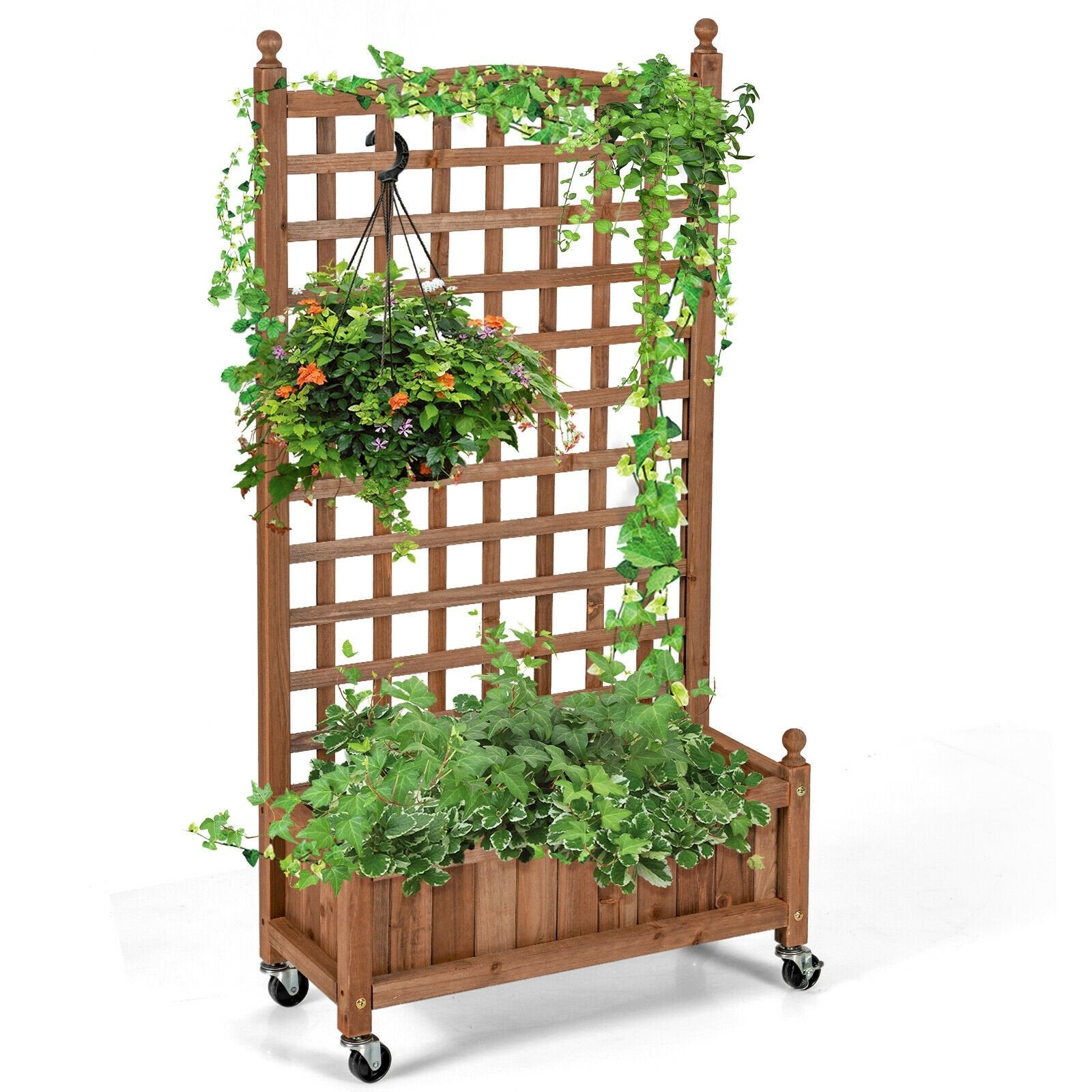 50 Inch Wood Planter Box with Trellis Mobile Raised Bed for Climbing Plant, Brown Raised Garden Beds   at Gallery Canada