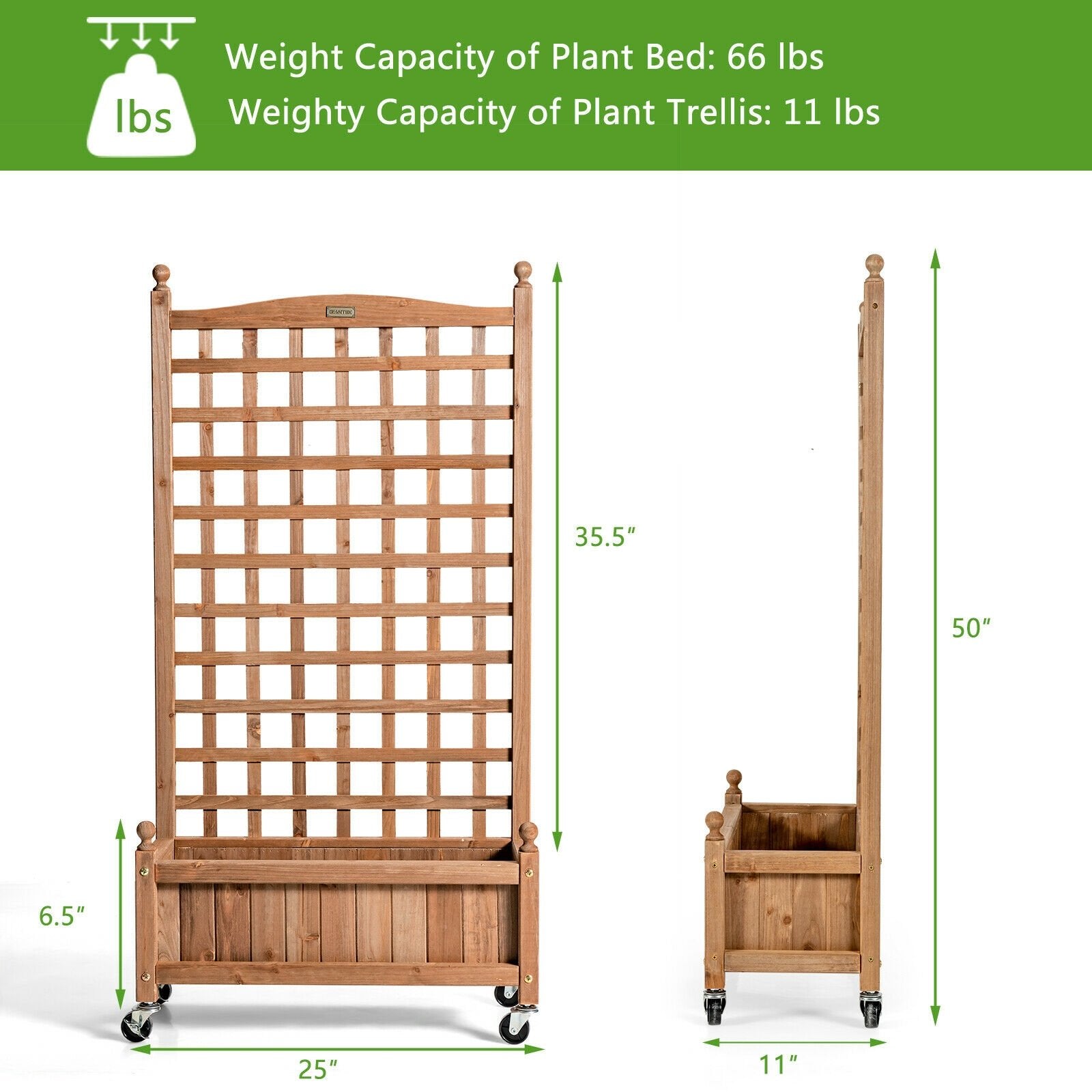 50 Inch Wood Planter Box with Trellis Mobile Raised Bed for Climbing Plant, Brown Raised Garden Beds   at Gallery Canada