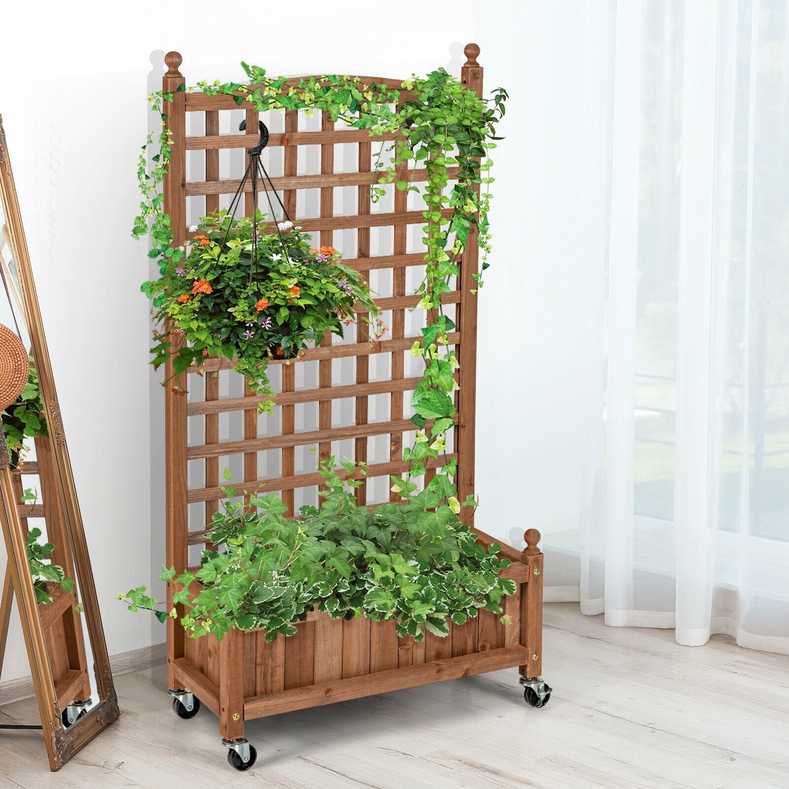 50 Inch Wood Planter Box with Trellis Mobile Raised Bed for Climbing Plant, Brown Raised Garden Beds   at Gallery Canada