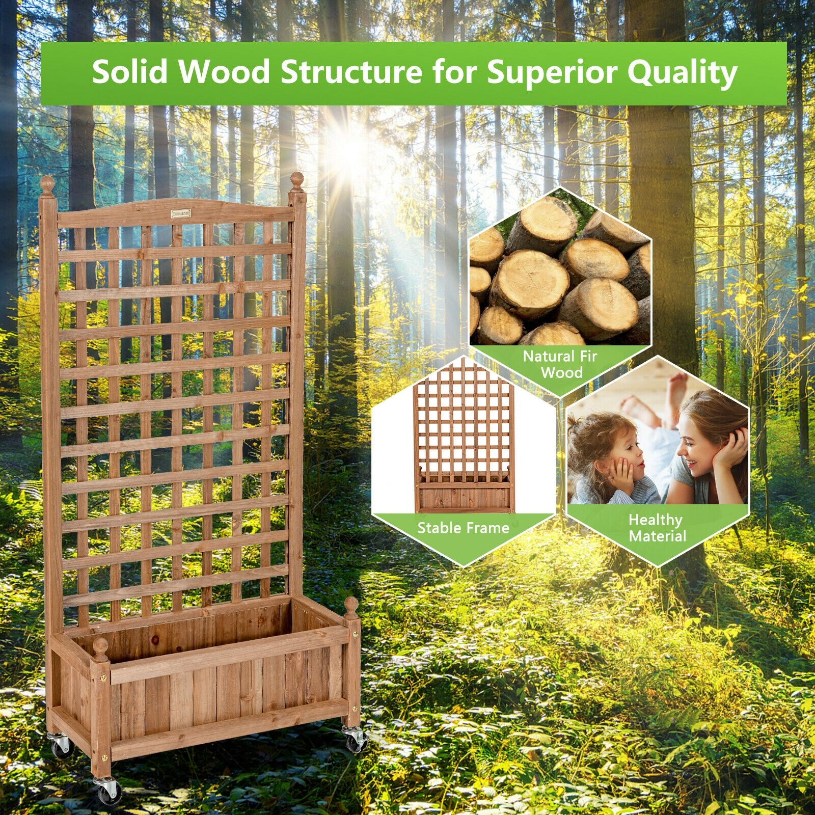 50 Inch Wood Planter Box with Trellis Mobile Raised Bed for Climbing Plant, Brown Raised Garden Beds at Gallery Canada