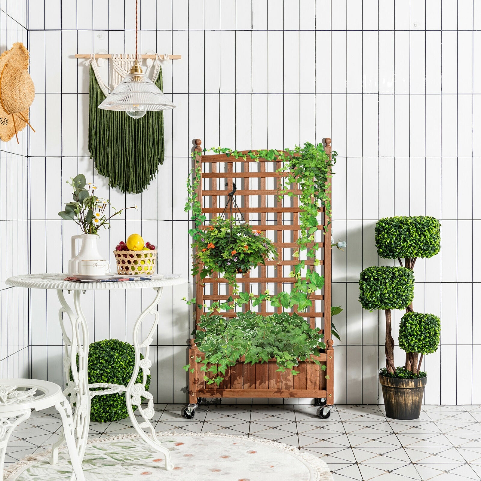 50 Inch Wood Planter Box with Trellis Mobile Raised Bed for Climbing Plant, Brown Raised Garden Beds at Gallery Canada