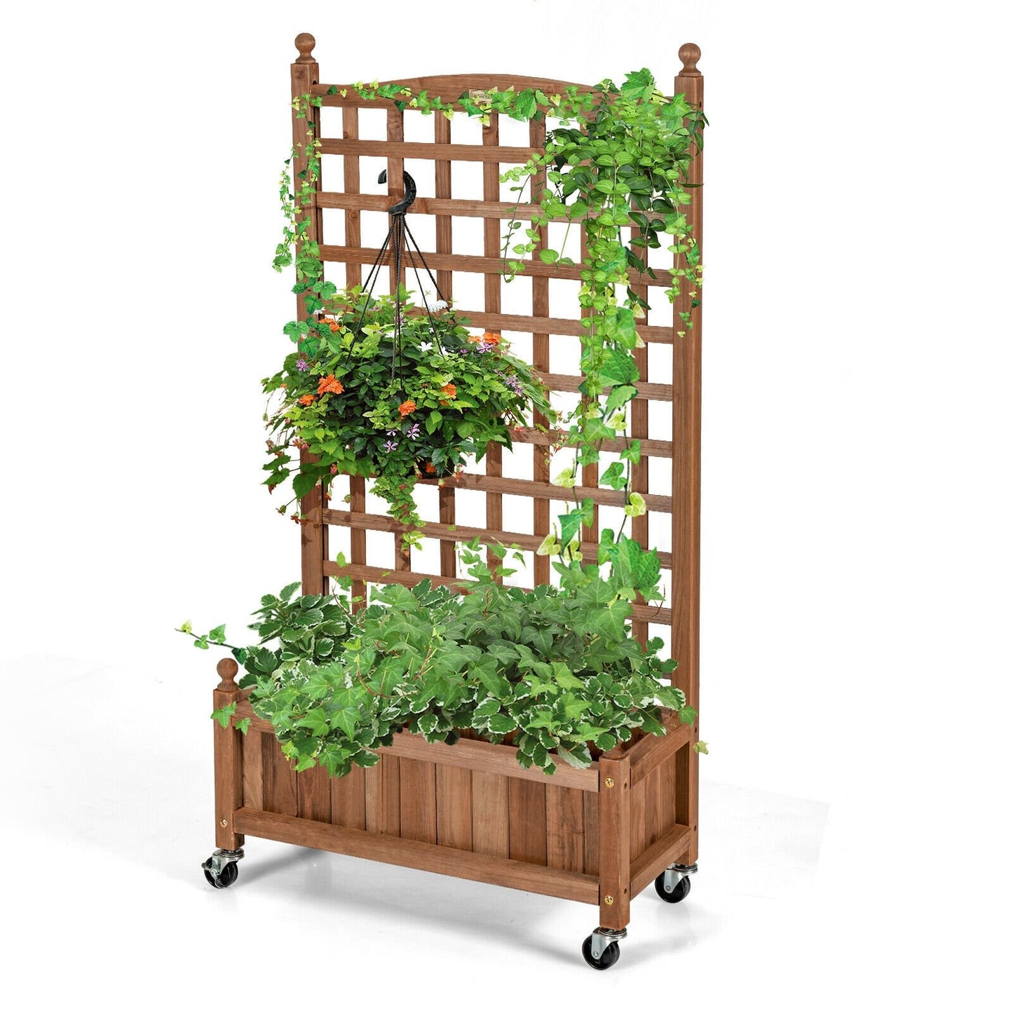 50 Inch Wood Planter Box with Trellis Mobile Raised Bed for Climbing Plant, Brown Raised Garden Beds   at Gallery Canada