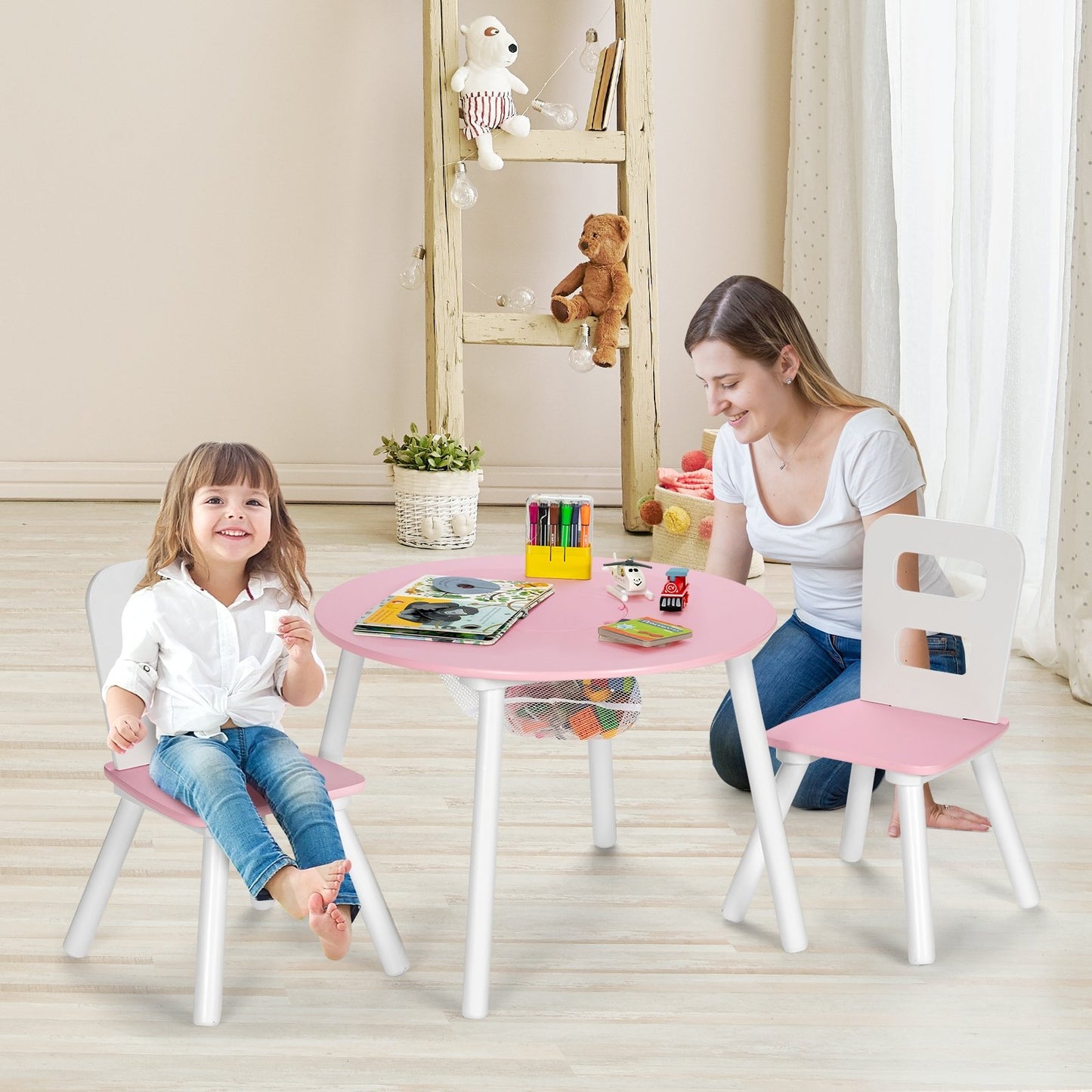 Wood Activity Kids Table and Chair Set with Center Mesh Storage for Snack Time and Homework, Pink - Gallery Canada