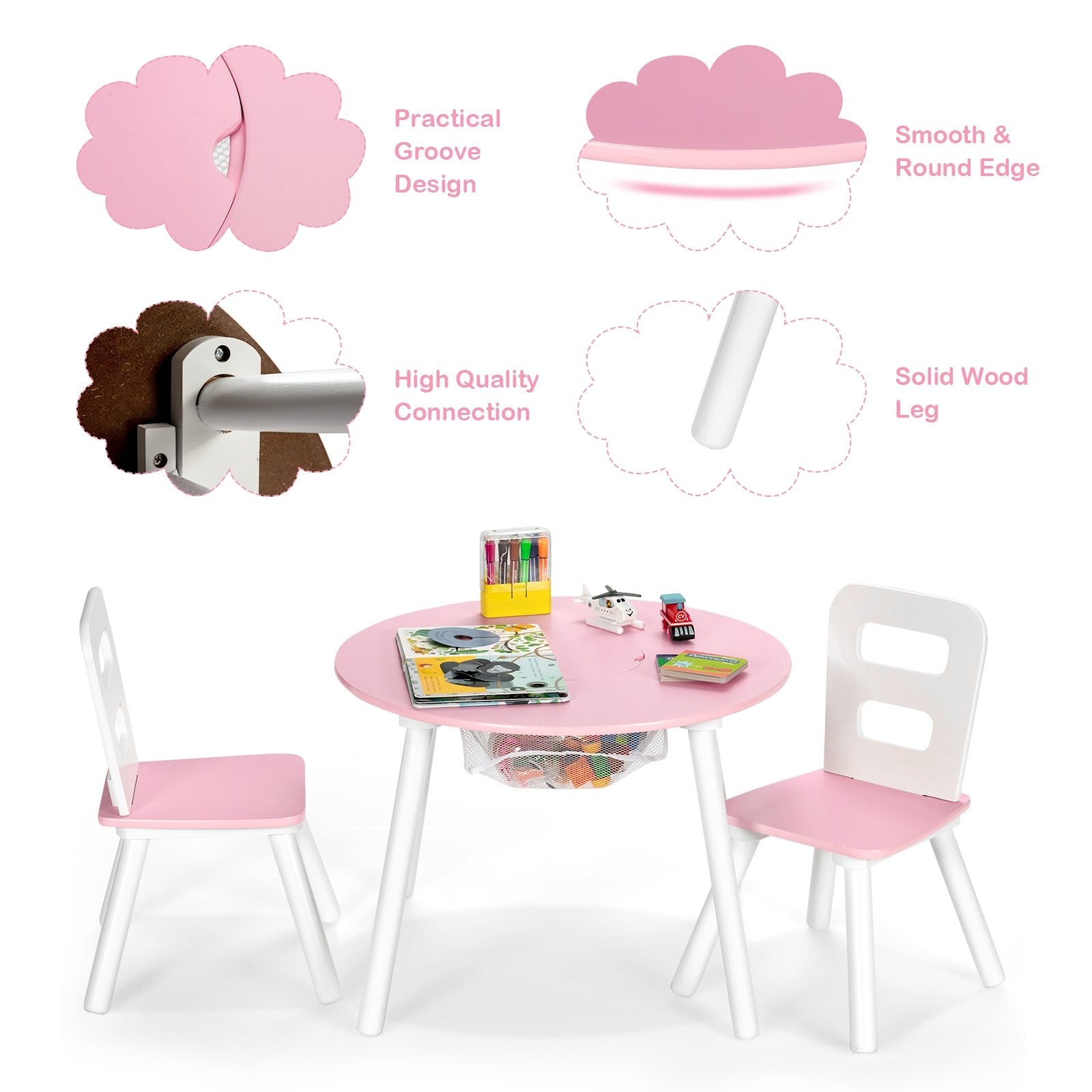 Wood Activity Kids Table and Chair Set with Center Mesh Storage for Snack Time and Homework, Pink Kids Table & Chair Sets   at Gallery Canada