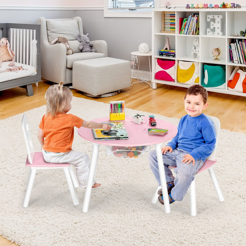 Wood Activity Kids Table and Chair Set with Center Mesh Storage for Snack Time and Homework, Pink