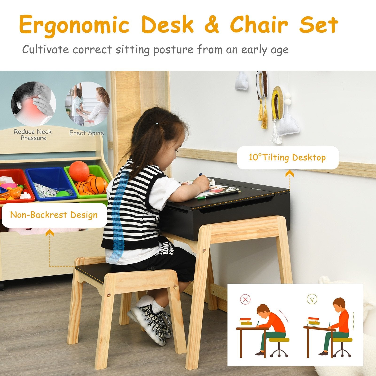 Kids Activity Table and Chair Set with Storage Space for Homeschooling, Dark Brown - Gallery Canada