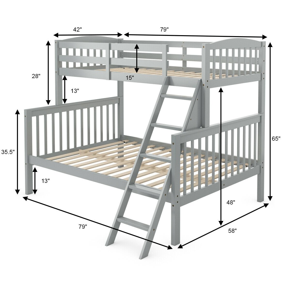 Twin over Full Bunk Bed Rubber Wood Convertible with Ladder Guardrail, Gray - Gallery Canada
