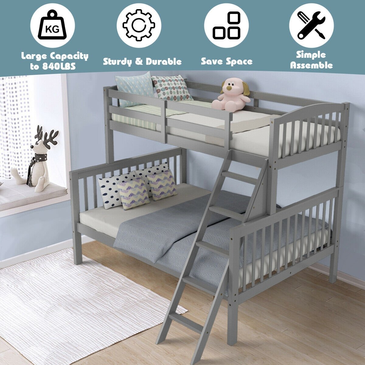 Twin over Full Bunk Bed Rubber Wood Convertible with Ladder Guardrail, Gray - Gallery Canada