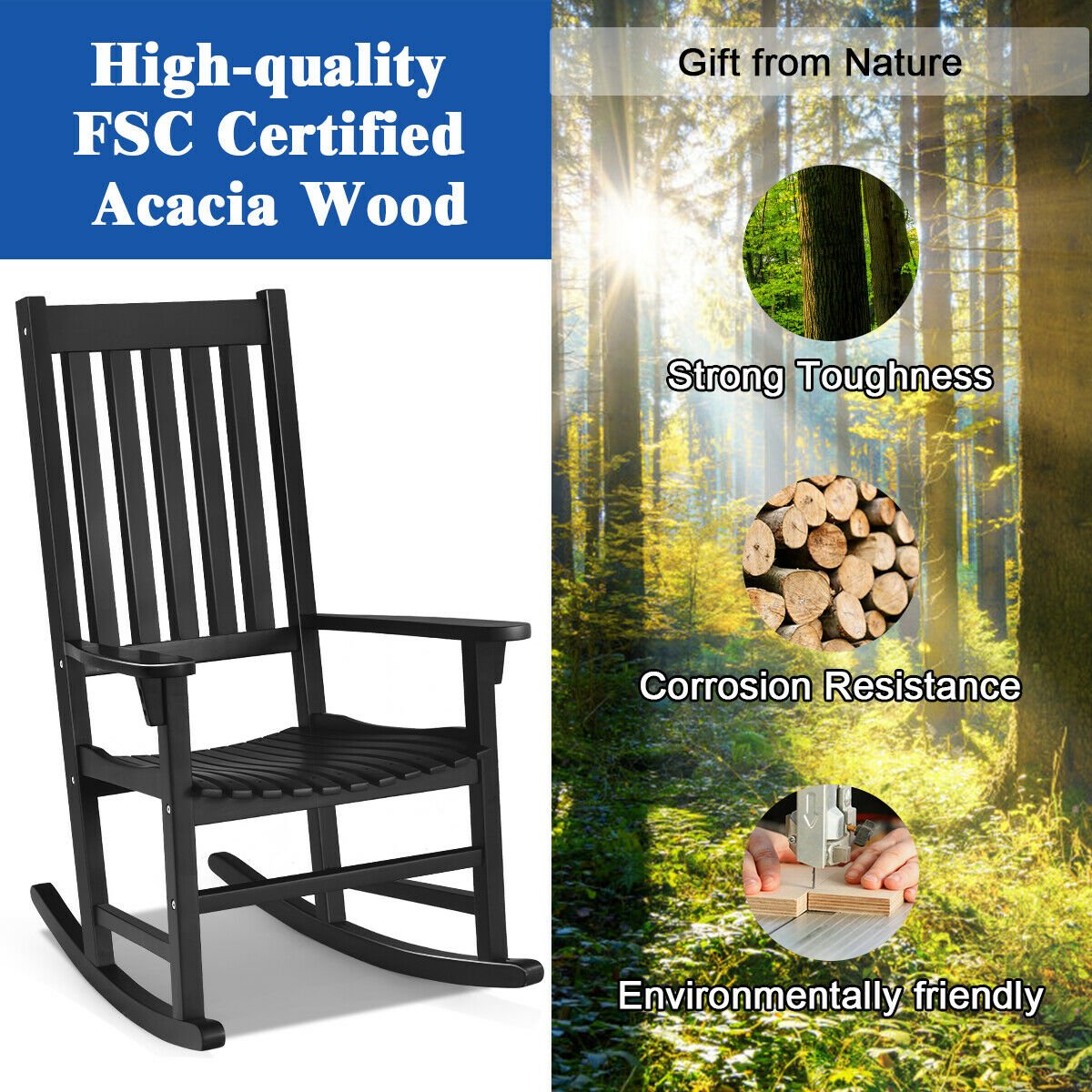 Indoor Outdoor Wooden High Back Rocking Chair, Black Patio Rocking Chairs & Gliders   at Gallery Canada