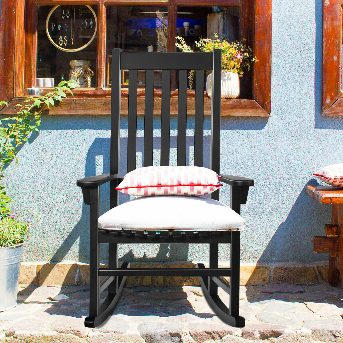 Indoor Outdoor Wooden High Back Rocking Chair, Black Patio Rocking Chairs & Gliders   at Gallery Canada